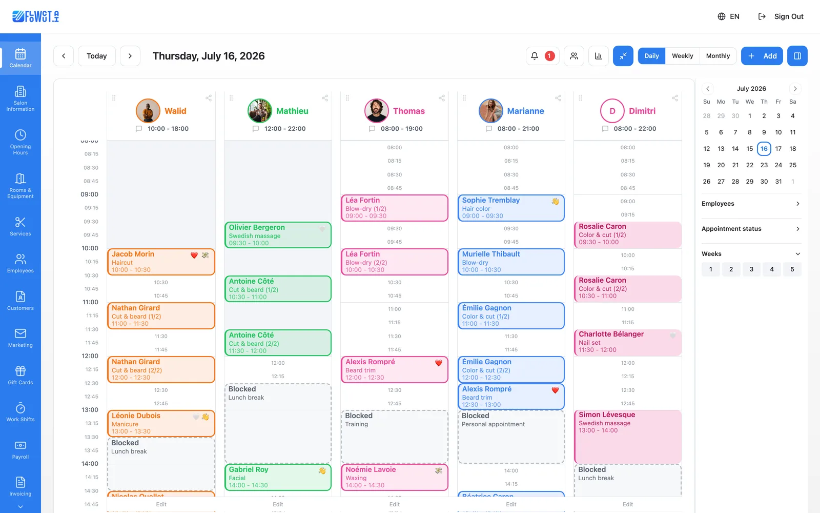 Flowcut calendar: a salon team's day