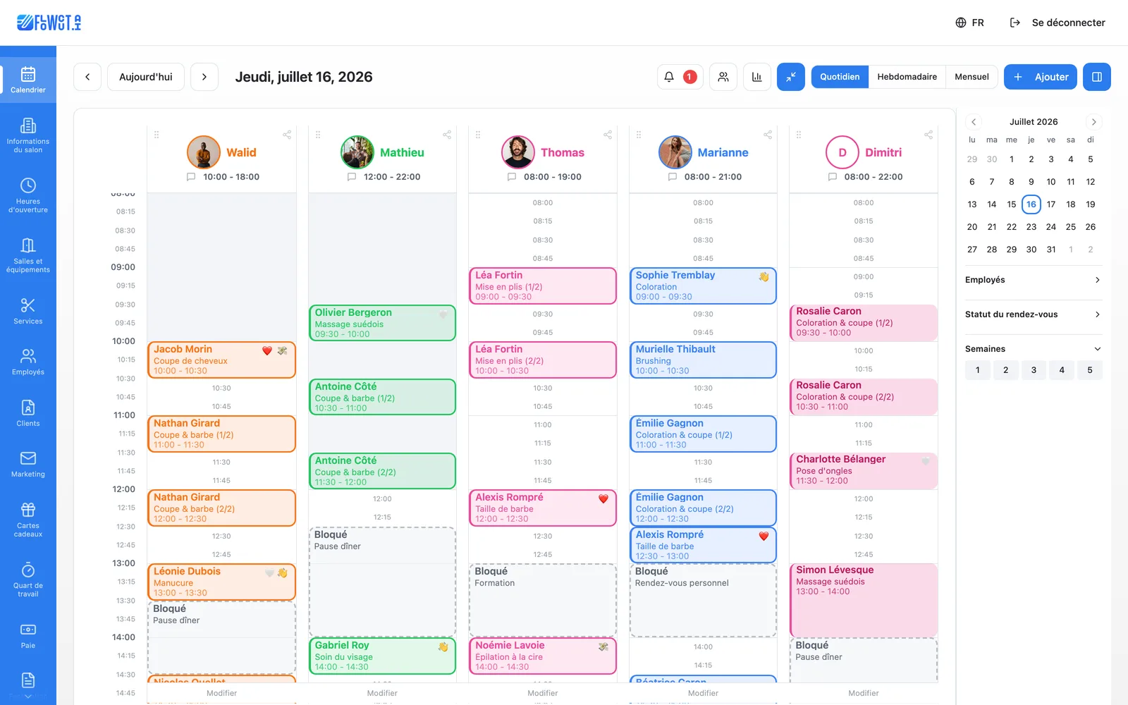 Calendrier Flowcut : la journée d'une équipe de salon